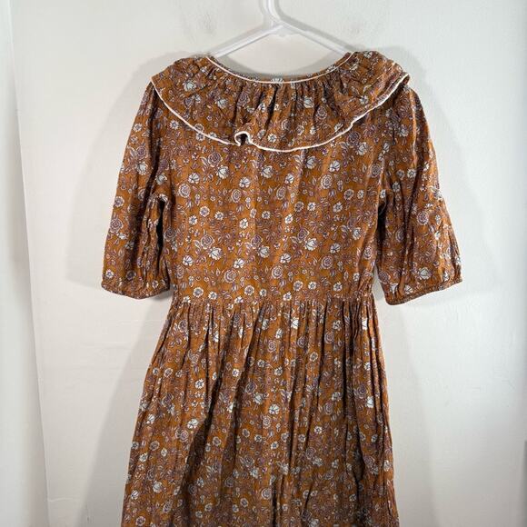 Stockplace The Label Amber Glow Brown Floral Ruffle Puff Sleeve Midi Dress Small - Picture 11 of 15